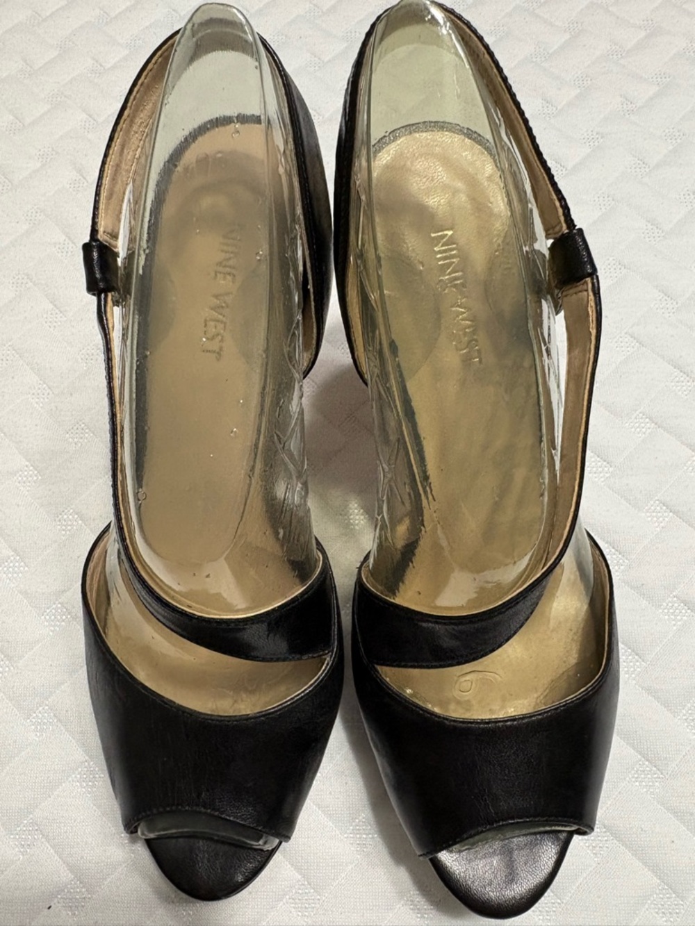 Nine West Black Leather Peep-Toe Slingback Heels